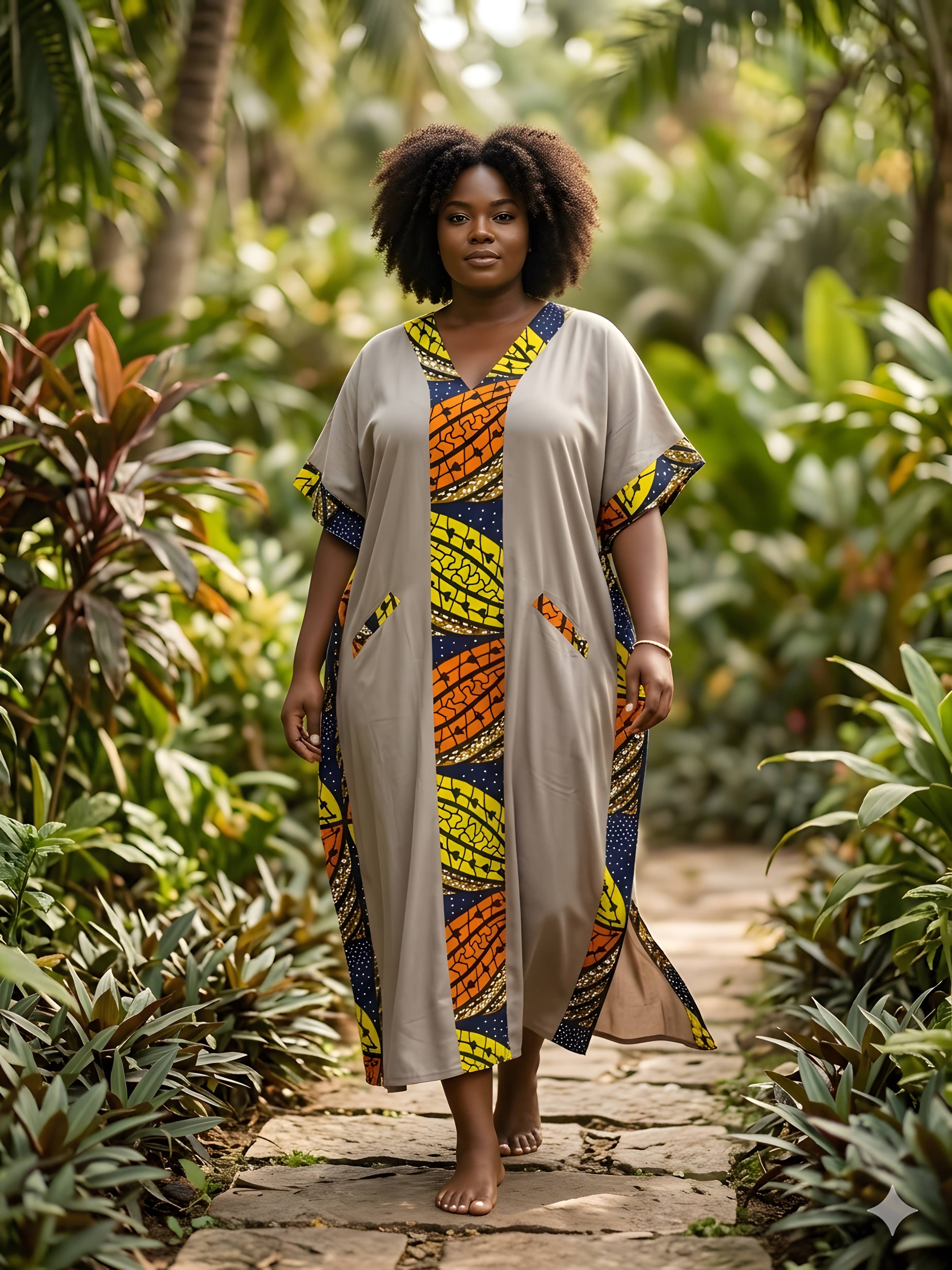 African Print Patchwork Kaftan Dress with Matching Headwrap | One Size