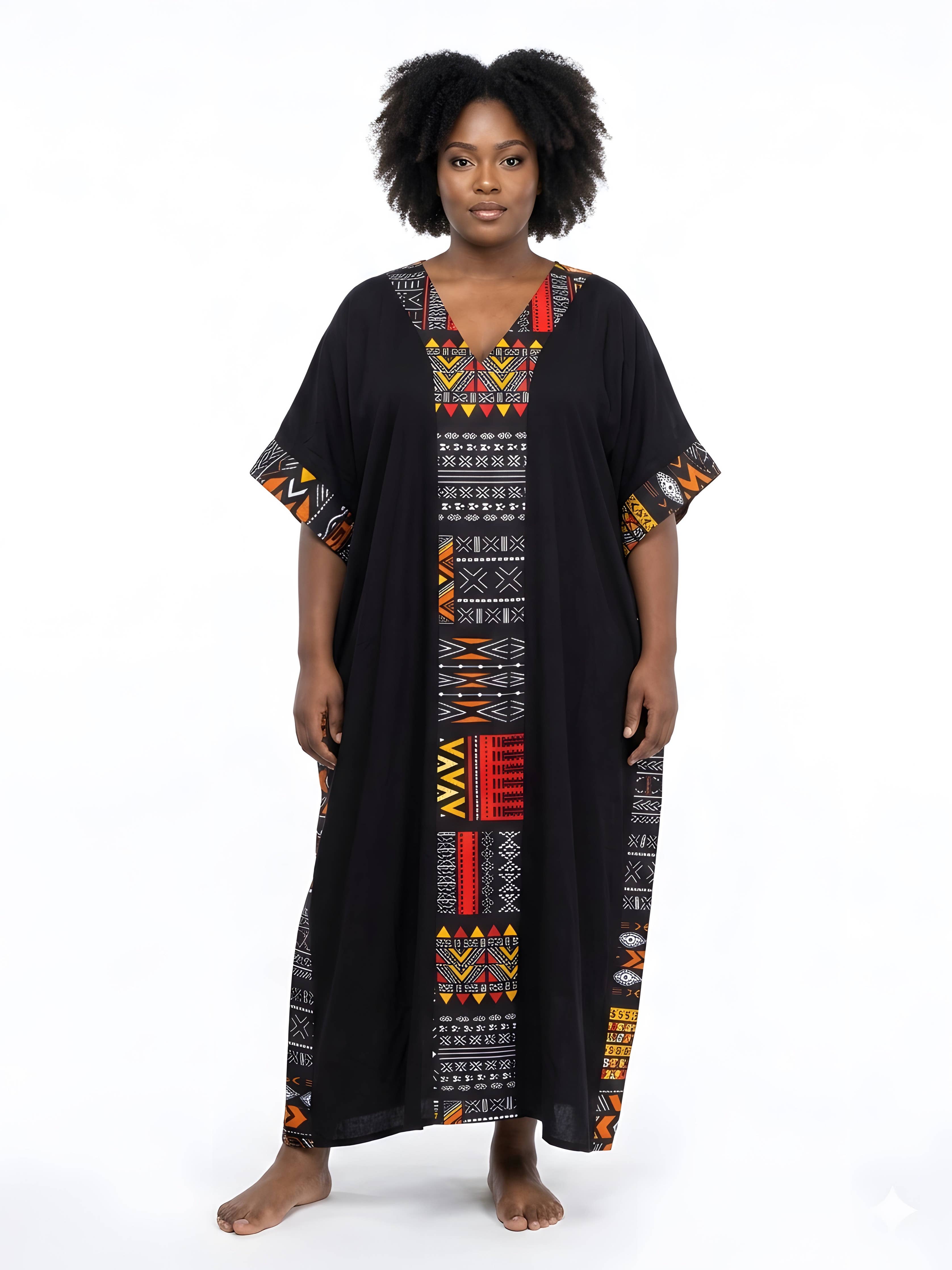 African Print Patchwork Kaftan Dress with Matching Headwrap | One Size