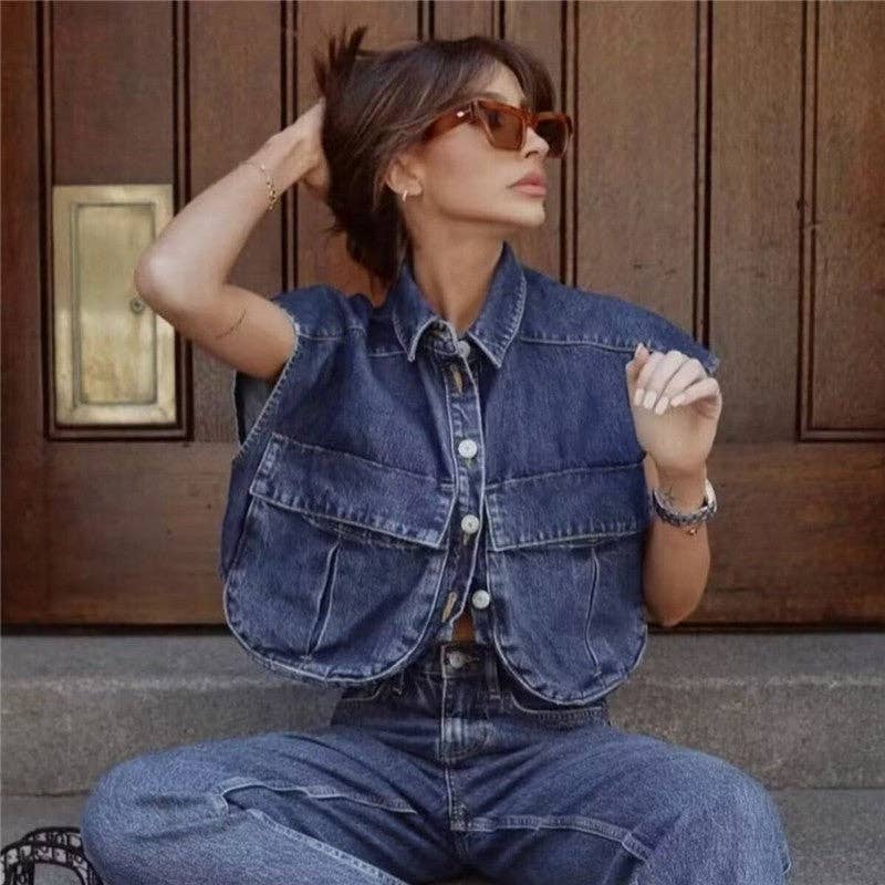 Sleeveless Denim Top With Large Solid Color Pocket