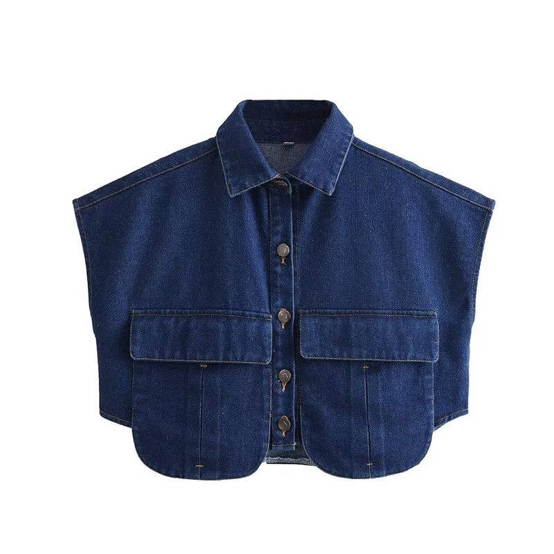 Sleeveless Denim Top With Large Solid Color Pocket