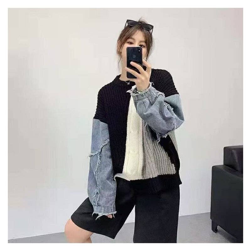 Thickened Denim Patchwork Color Block Knit Sweater