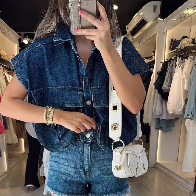 Sleeveless Denim Top With Large Solid Color Pocket