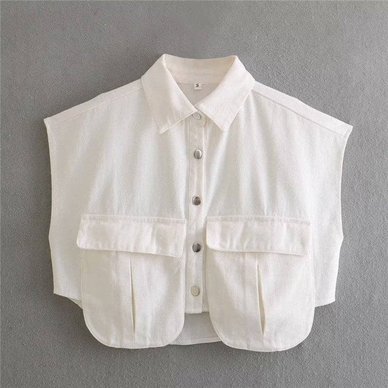 Sleeveless Denim Top With Large Solid Color Pocket