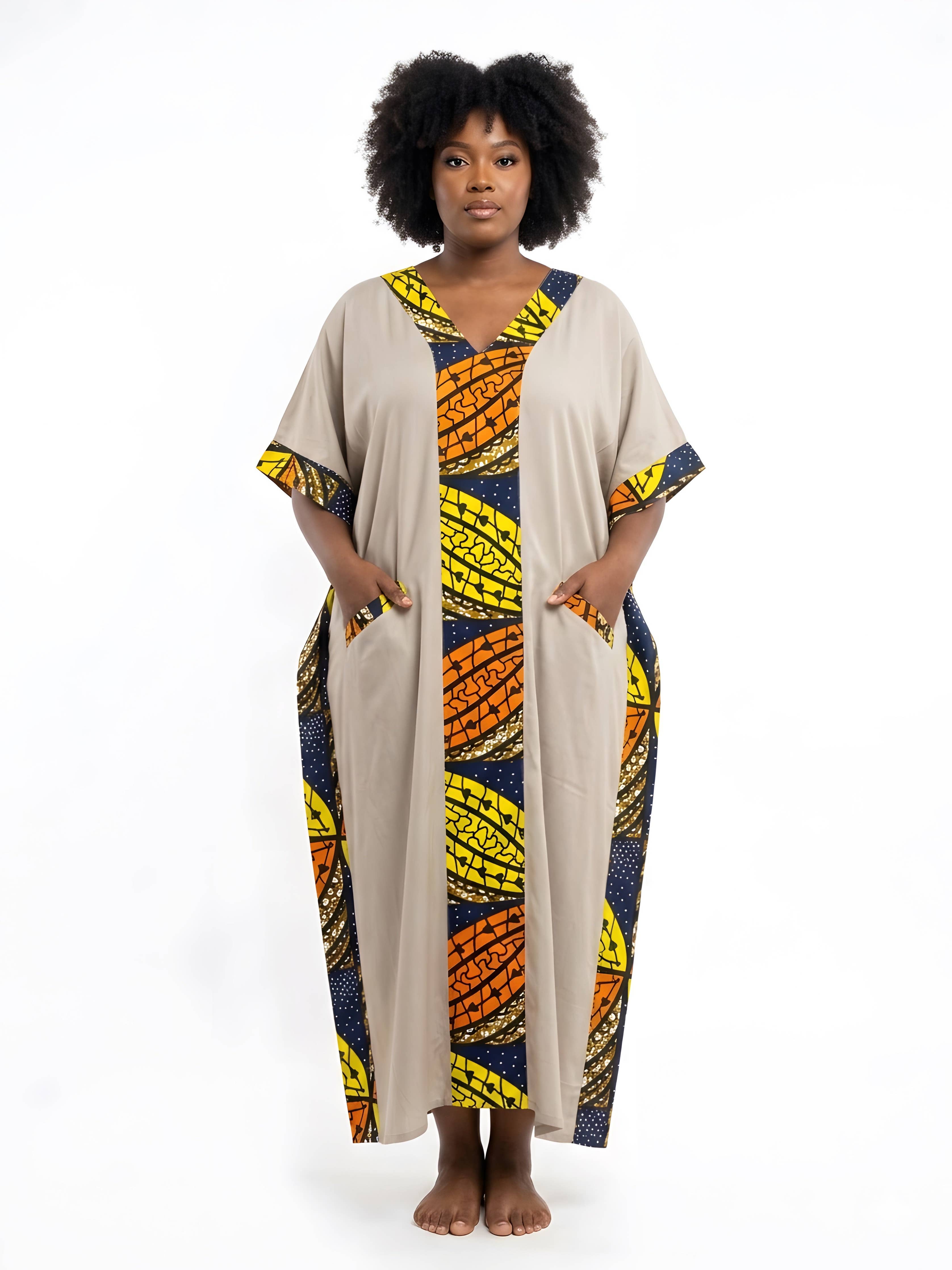 African Print Patchwork Kaftan Dress with Matching Headwrap | One Size
