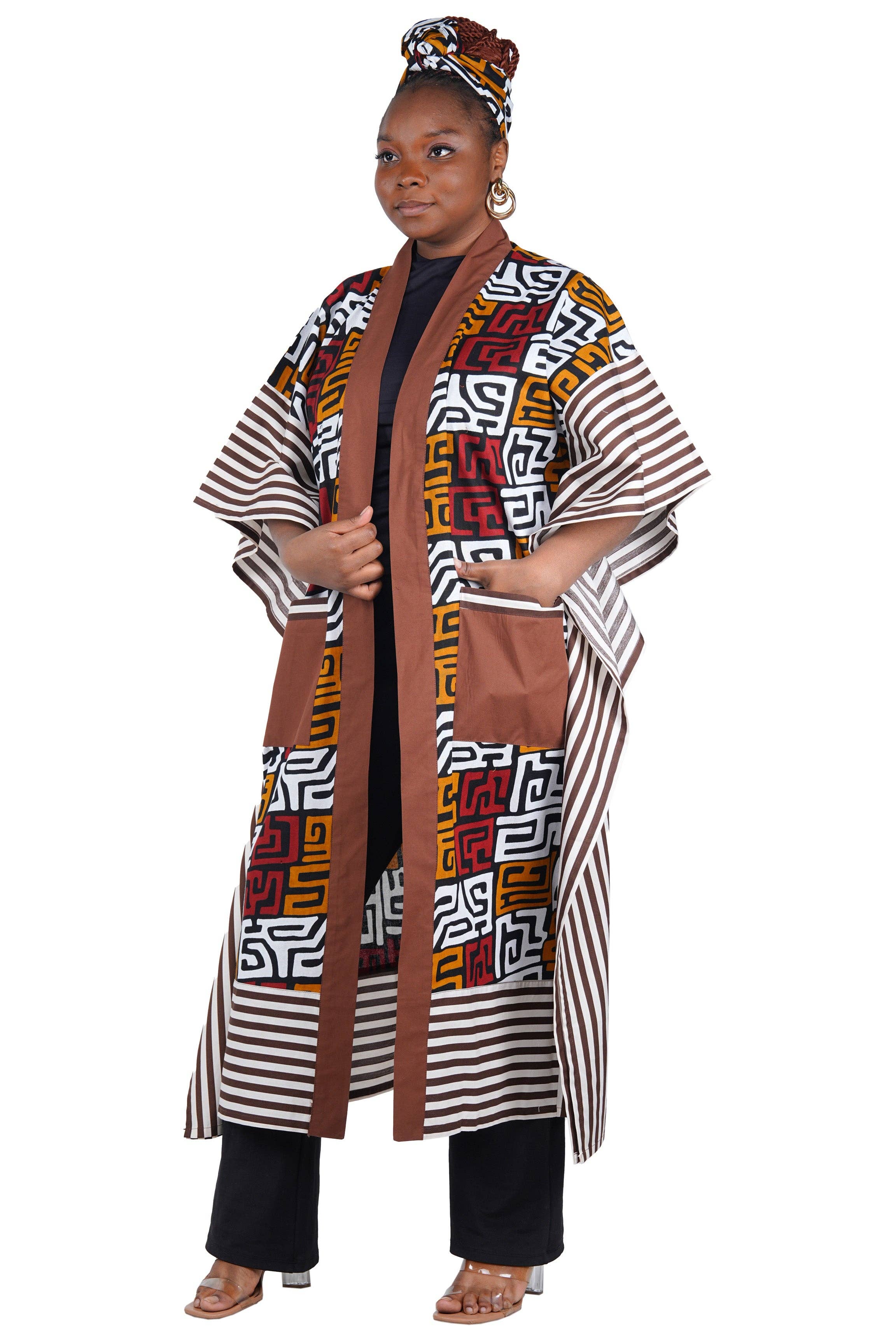 African Kimono Cardigan with Pockets & Matching Headwrap | One Size