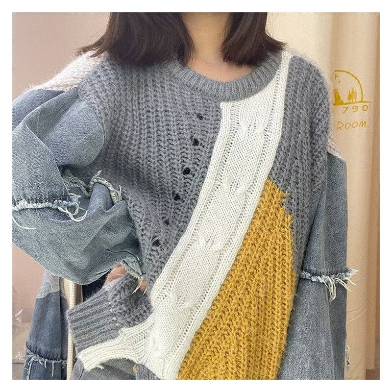 Thickened Denim Patchwork Color Block Knit Sweater