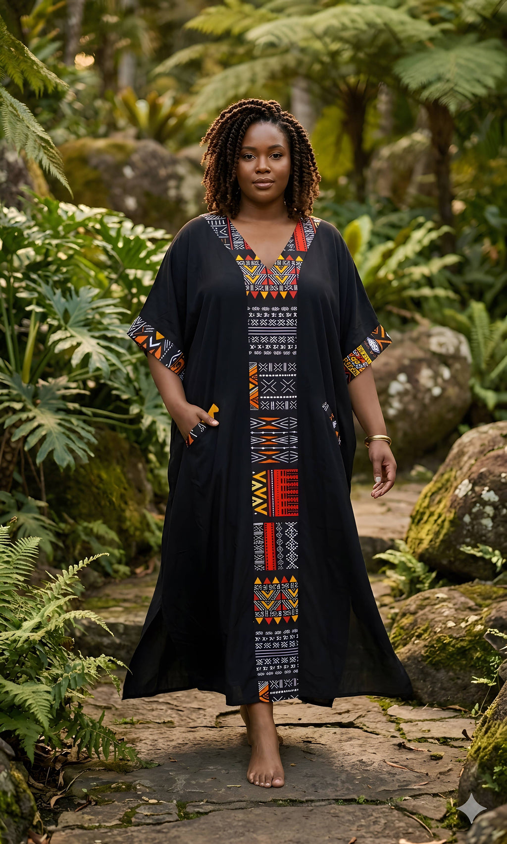 African Print Patchwork Kaftan Dress with Matching Headwrap | One Size